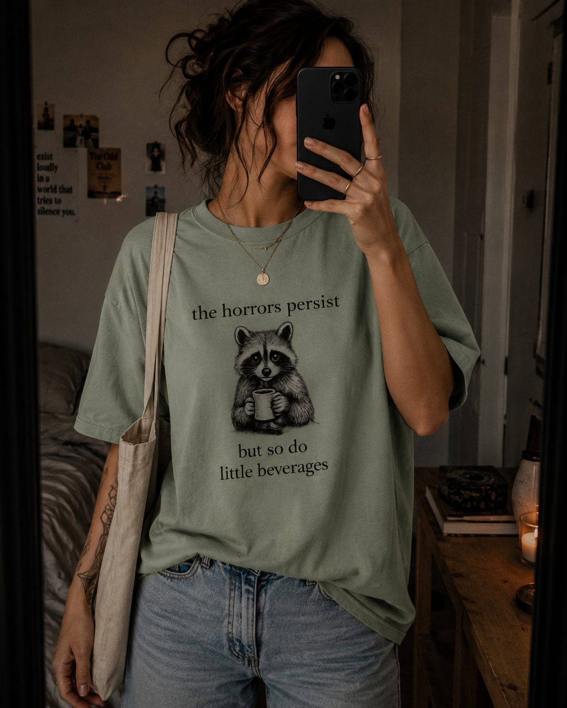 The Horrors Persist But So Do Little Beverages Shirt ☕🦝